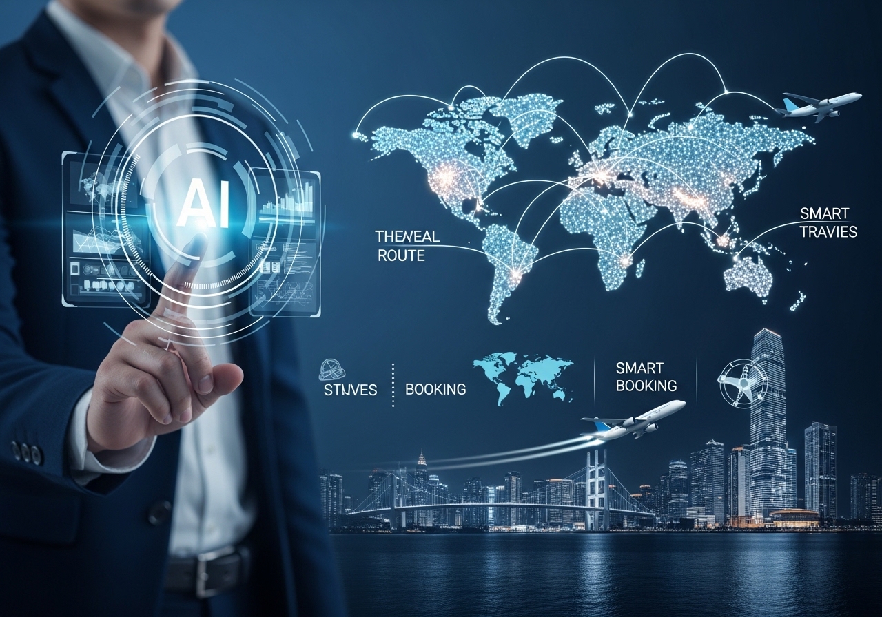 Traveler using FBN Travel smart booking — AI-powered OTA for hotels, flights and packages with global routes in English and Arabic